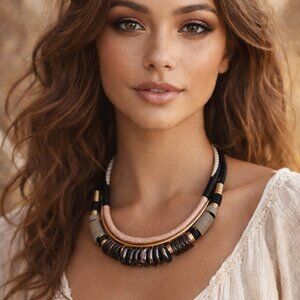 Stella & Dot Boho Bib Necklace | Statement Artisan Style | Neutral Tones